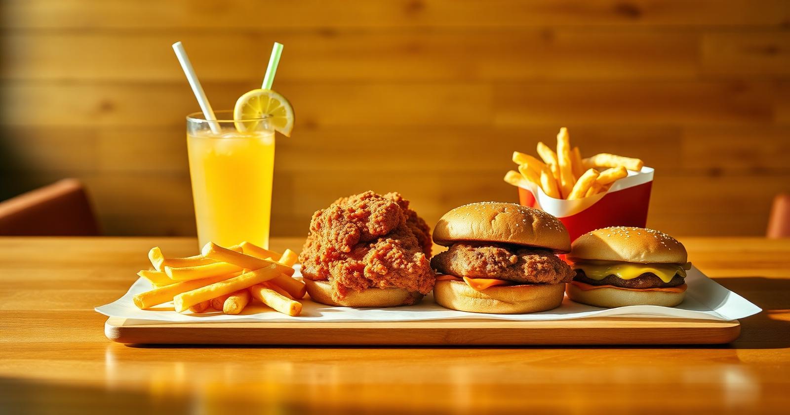 A bright spread of fried chicken, a sandwich, fries and lemonade with space for a headline.